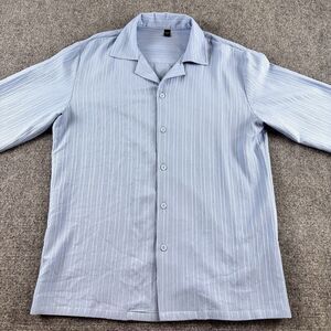 Lamjug Shirt Mens Small S Light Blue Camp Collar Crinkle Textured Long Sleeve